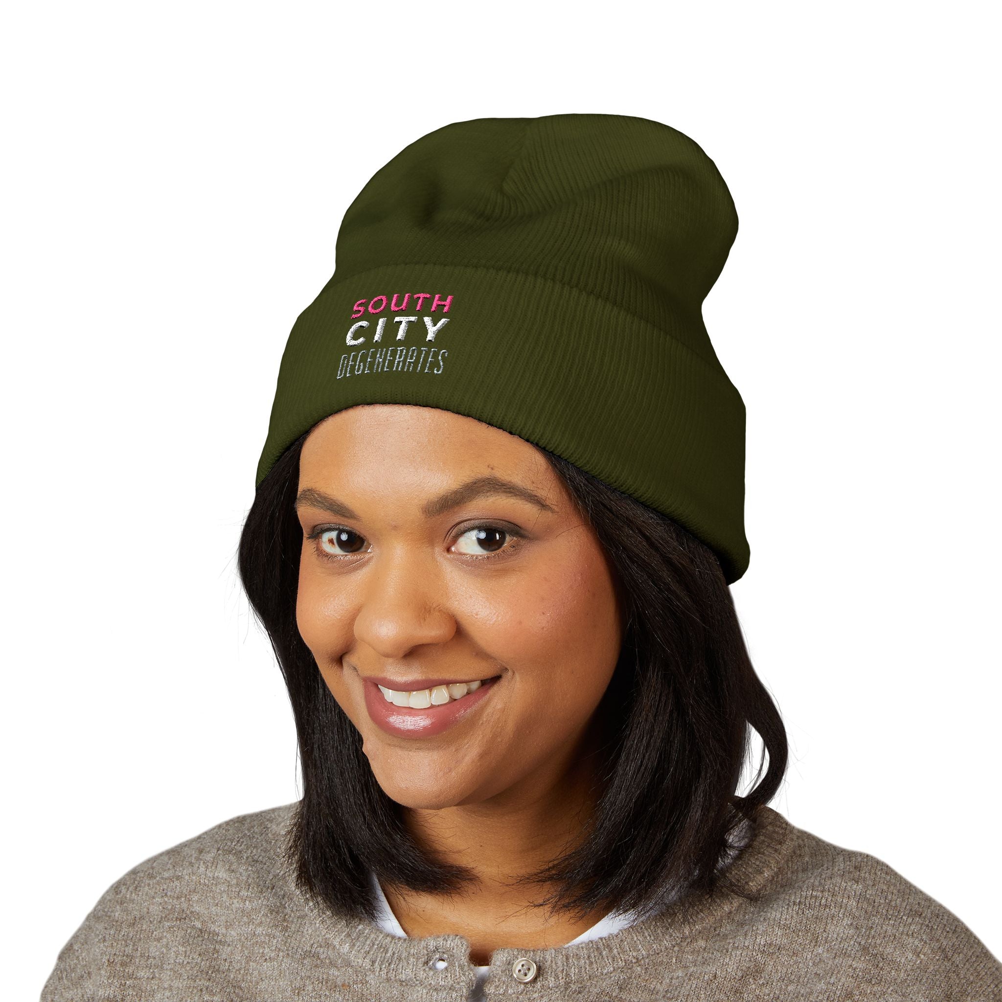 Embroidered 'South City Degenerates' Cuffed Beanie — Knit Winter Hat